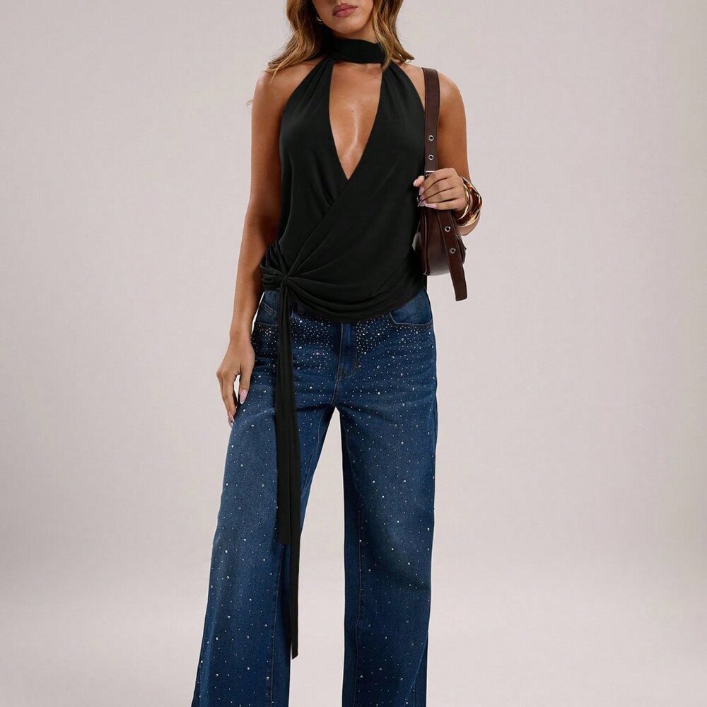 Black Casual Women's Sexy Halter Wrap Backless Fitted Deep V Neck Top - Picture 7 of 8